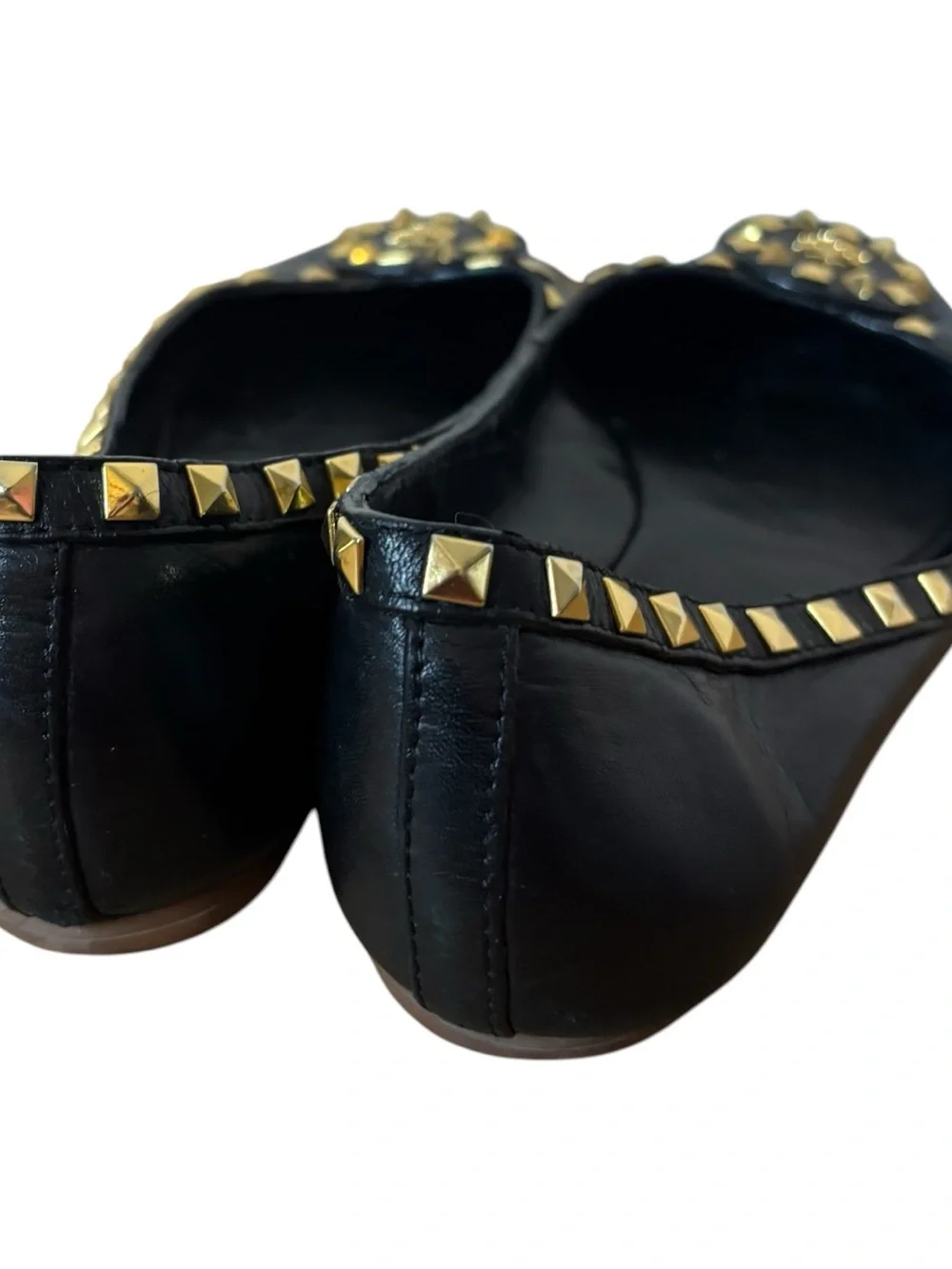 Tory Burch Studded Logo Ballet Flat Shoes Black Leather Size 8 M